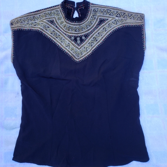 Rare!🍀 50's Handmade Boho Embroidery Crepe Blouse - Picture 6 of 7